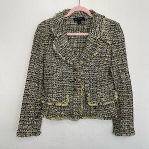 St. John Tweed Fringe Wool Blend Button-Front Blazer Jacket